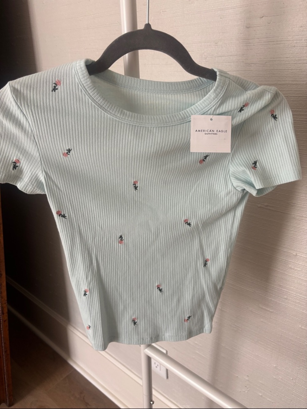 NWT American Eagle Outfitters Mint Ribbed Short Sleeve Tee, Tiny Rose Embroidery